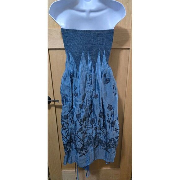 Strapless Blue Floral Embroidered Summer Dress With Smocked Bodice & Ruffled Ski - Picture 5 of 10